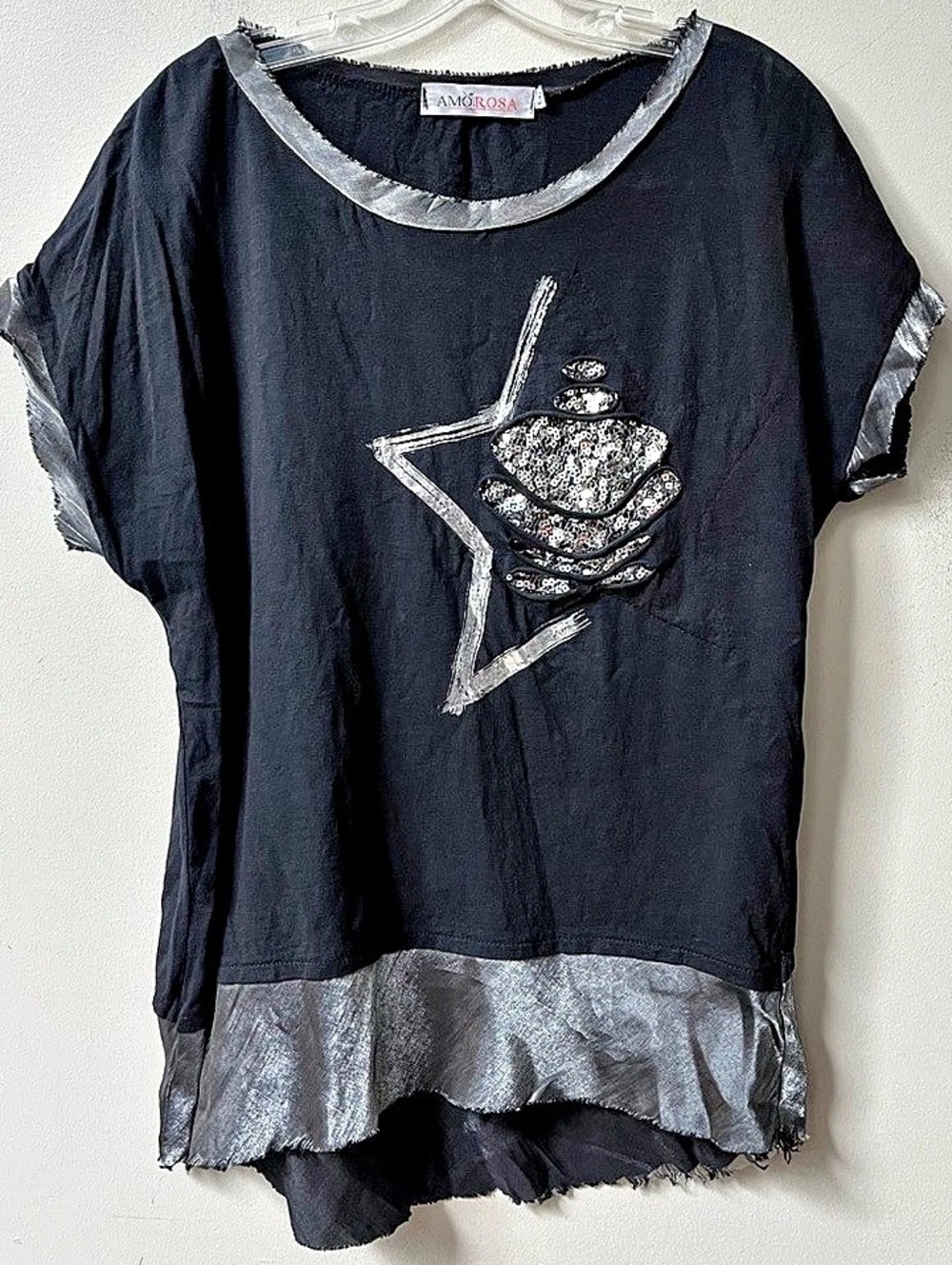 Amorosa Italy Sequin Lagenlook Art To Wear T Shirt Tunic Top Small Medium Black